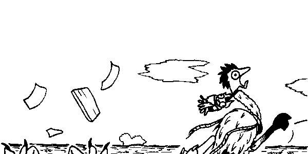 An ostrich-looking bird jumping around in panic. A little bird creature is hanging from the ostrich's neck.