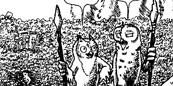 Two owl people standing on top of a rock pile and talking to each other.