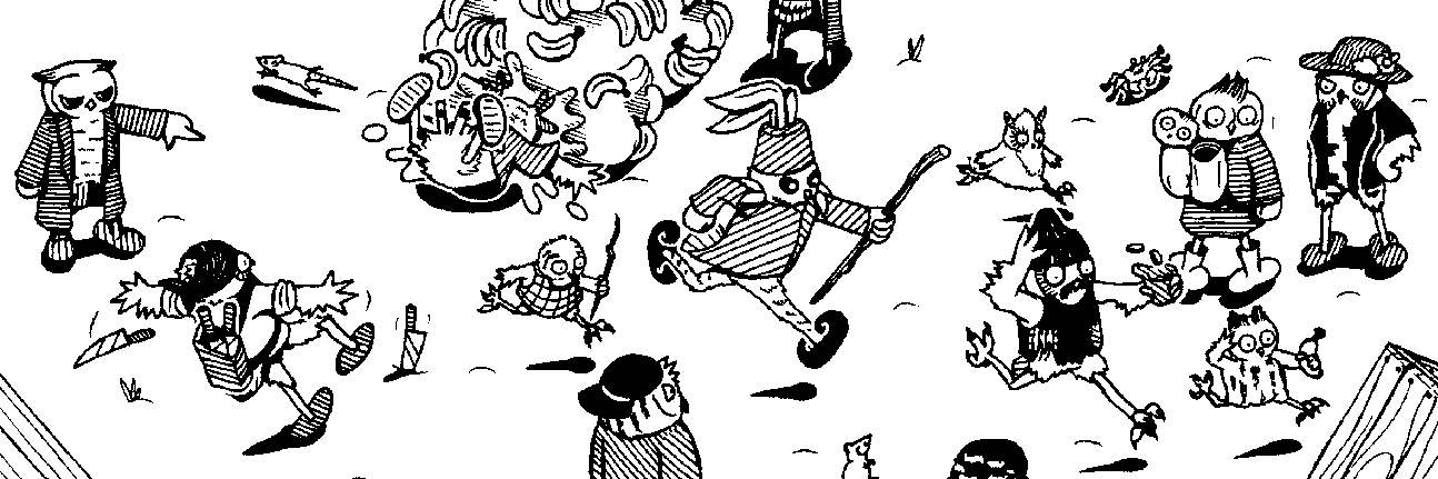 Chaotic scene of a market square, where various owl characters are running, walking or standing around.